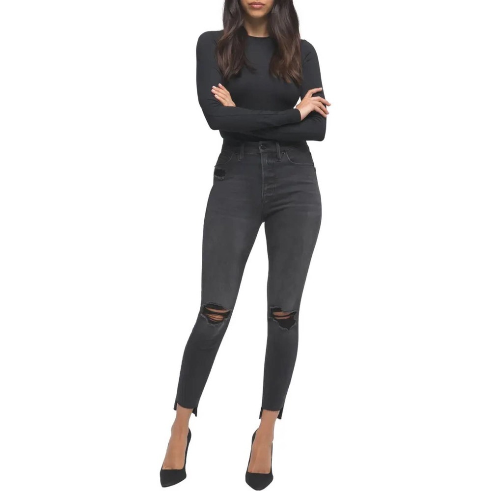 Good American The Good Waist Cropped Step Hem Jeans in Black Wash Size 2/26